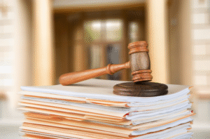 Malhete em cima de uma pilha de documentos de penhora online. Você sabia que, mesmo sem aviso prévio, a sua conta bancária pode ser bloqueada devido a uma penhora online por um processo de dívida condominial?