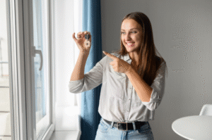 Jovem mulher apontando para uma chave de uma casa, comemorando que quitou a dívida condominial. Você sabia que, mesmo com uma dívida condominial, ainda é possível evitar que seu imóvel vá a leilão?